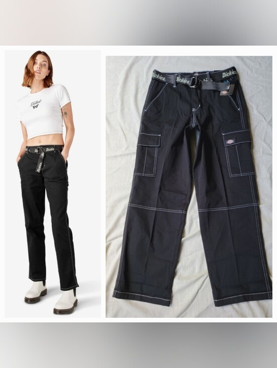 Dickies Pants - Dickies Black Cargo Pants White Contrast Stitching 90s Y2k Skater Styley Nwt 28